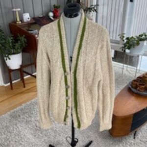 Vintage "Diplomat" Varsity Sweater - Tan with Green Stripe - L